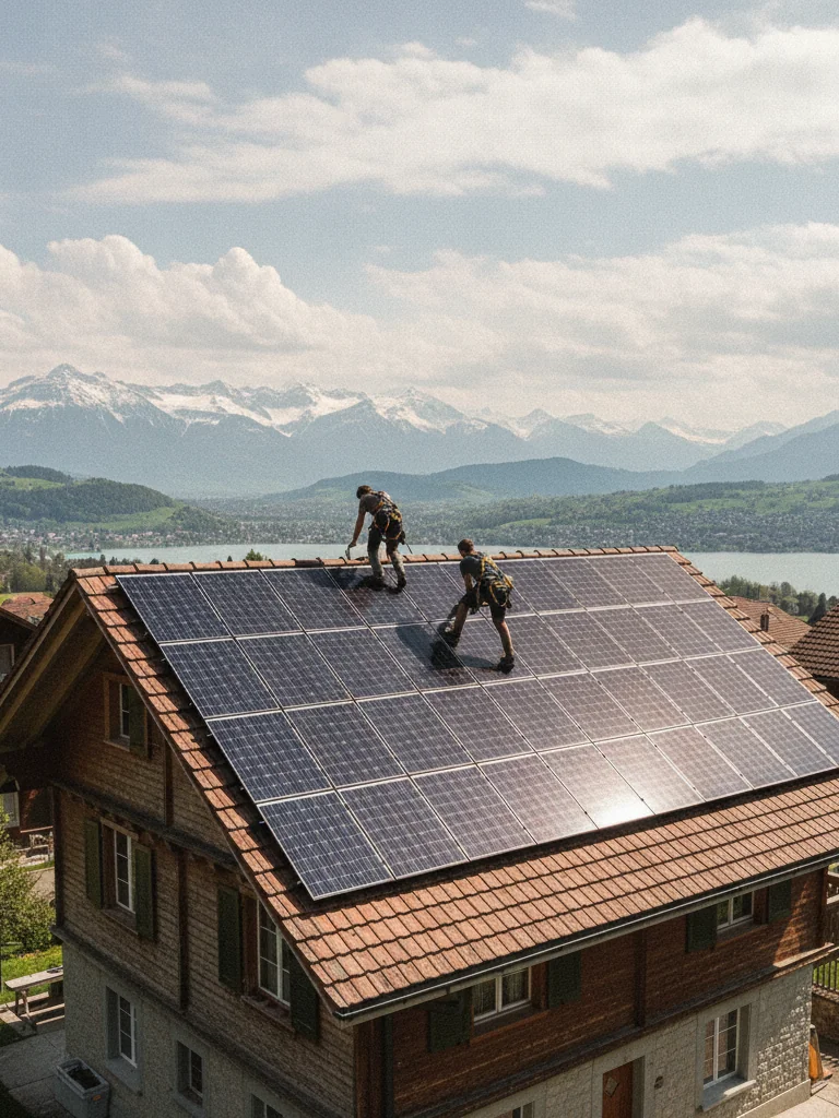 Panneaux solaires photovoltaïques installés sur une toiture en Suisse romande